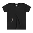 Black t-shirt with with small black Sasquatch graphic on lower front on a white background