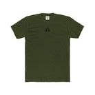 Military green t-shirt with a small black Sasquatch in wilderness graphic on a chest area