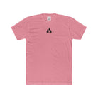 Pink t-shirt with a black Sasquatch in wilderness graphic on a white background