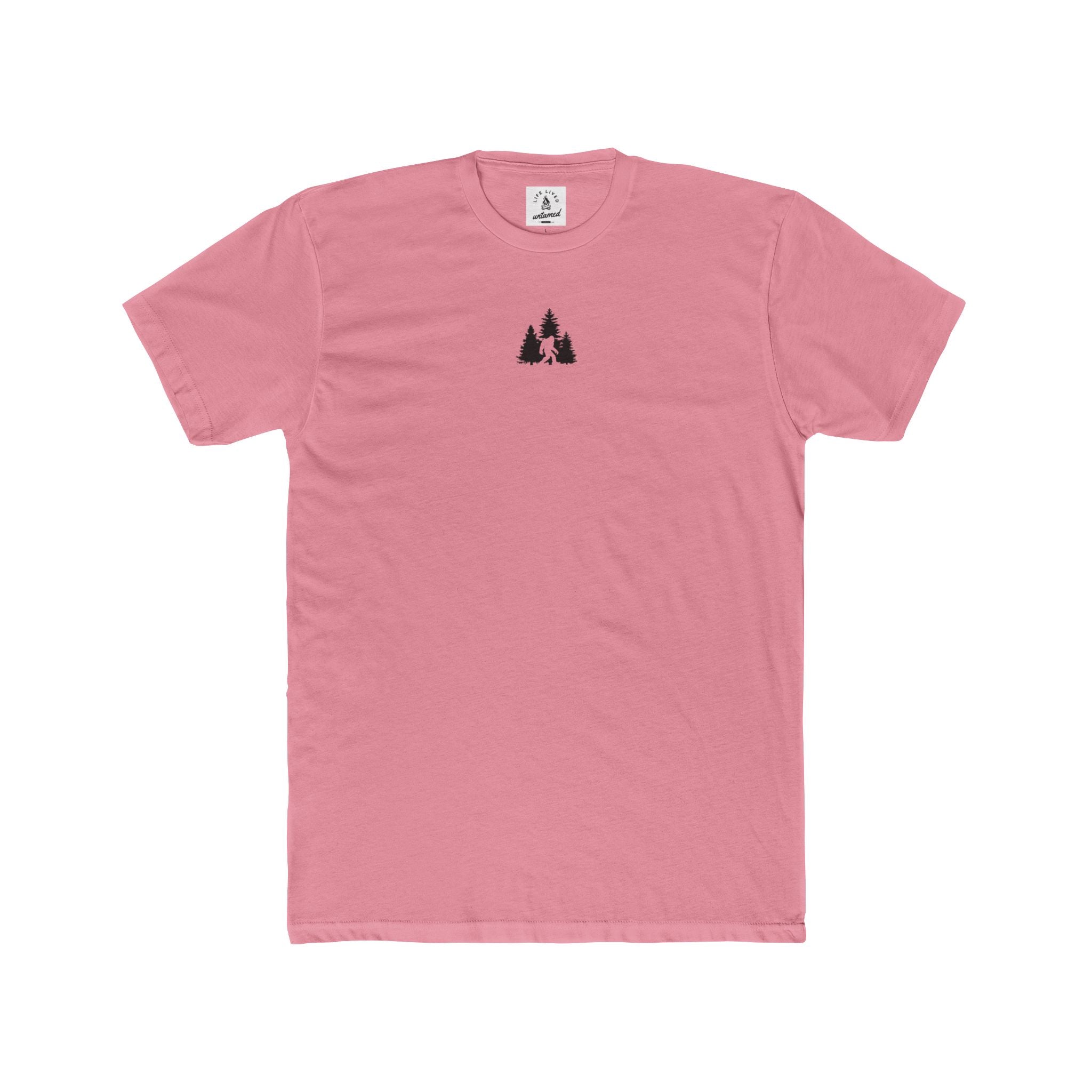 Pink t-shirt with a black Sasquatch in wilderness graphic on a white background
