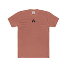 Solid_desert_pink t-shirt with a small Sasquatch in wilderness graphic on the chest against a white background