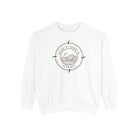 White sweatshirt with a compass and wave design on a white background