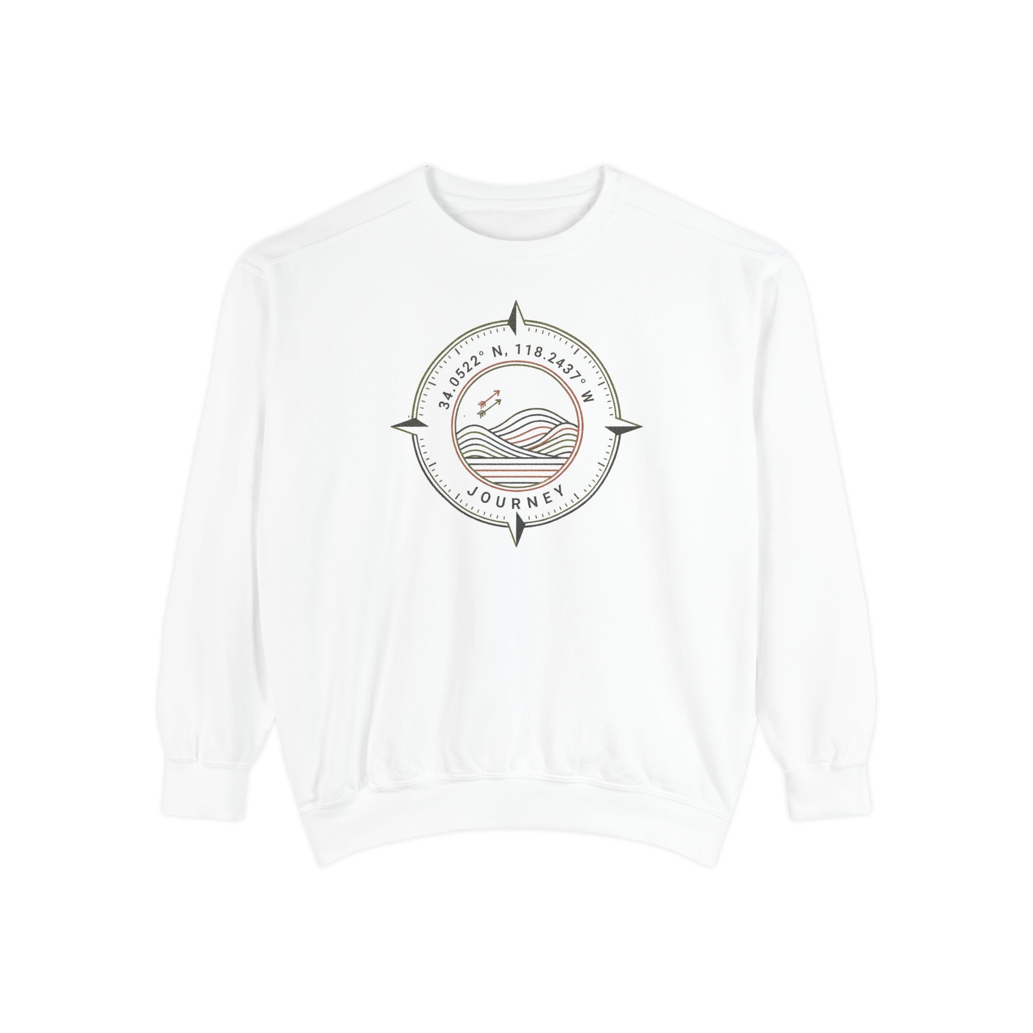 White sweatshirt with a compass and wave design on a white background