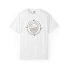 White t-shirt with a compass and wave design on a white background