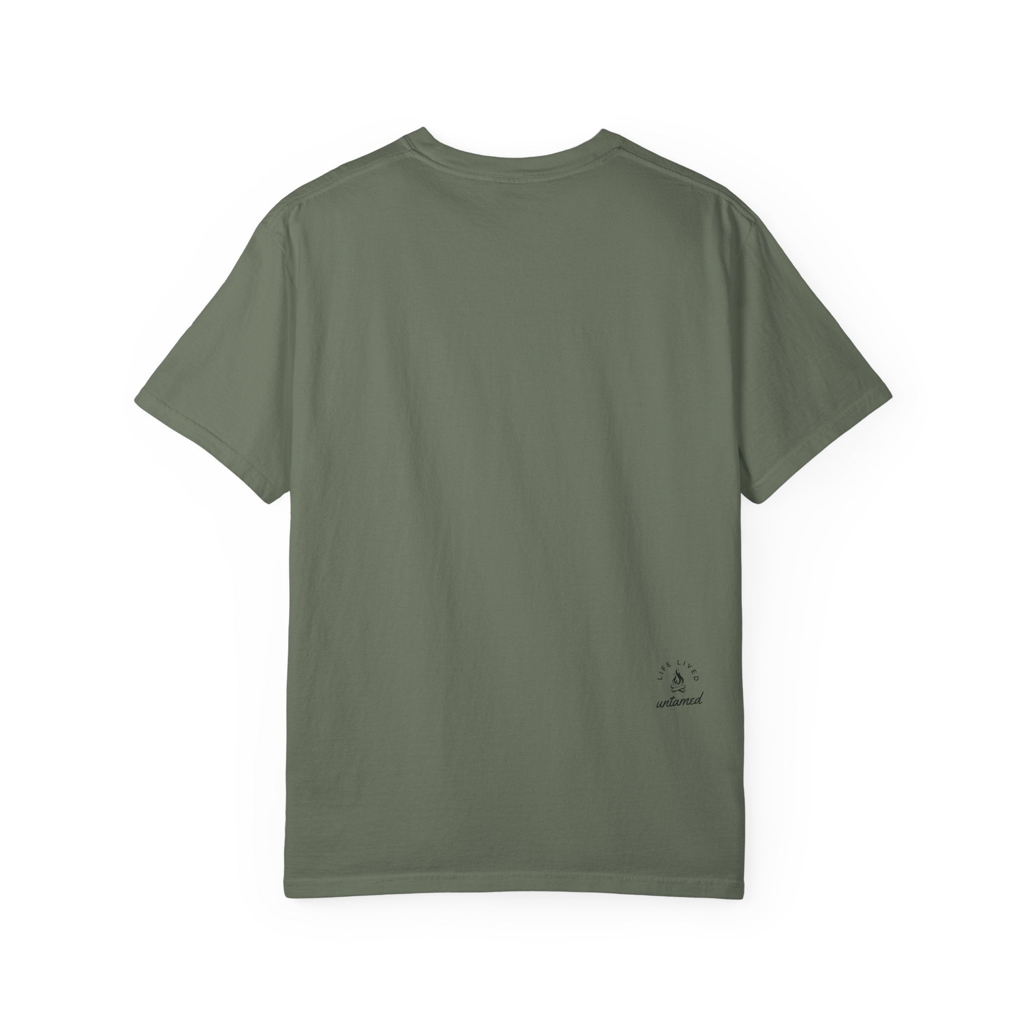 Moss Green t-shirt with Life lived Untamed logo on a white background