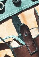 Close-up of a leather tool-roll closure straps
