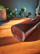 Brown leather Tool-roll on a lamb skin showing texture of grain