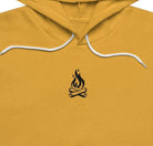 Yellow hoodie with a small campfire on the chest against a white background