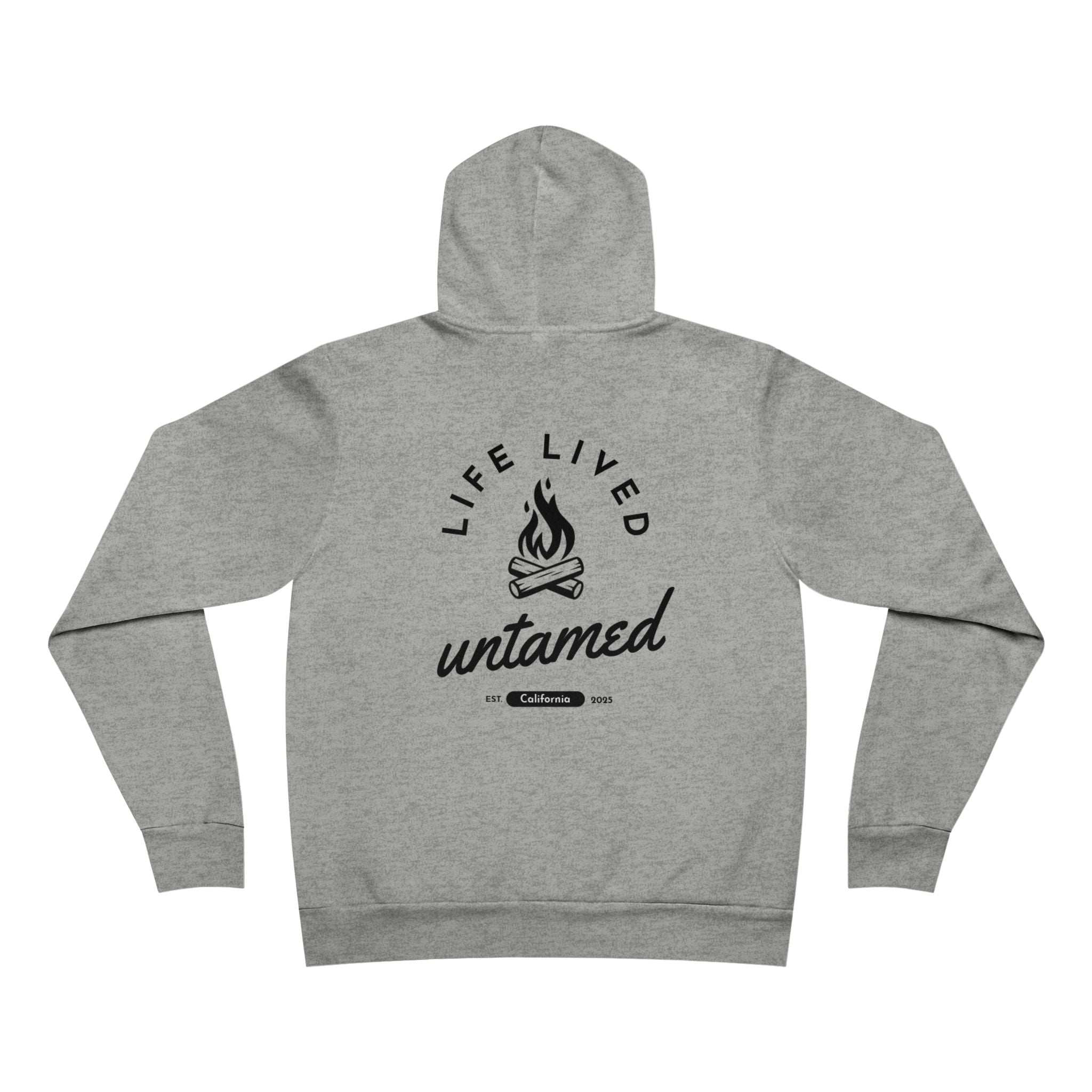 Athletic heather hoodie with 'Life Lived Wild' graphic on the back