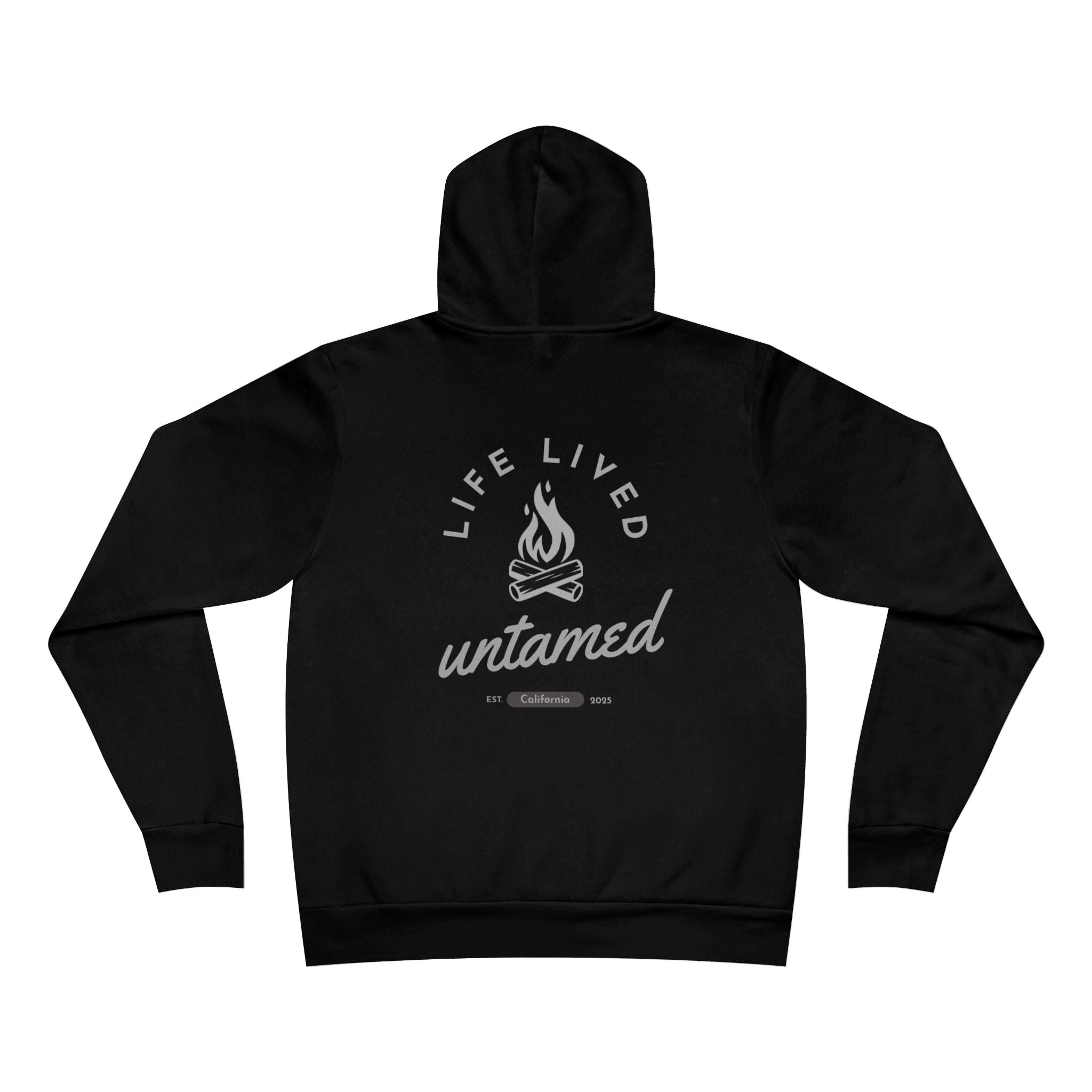 Black hoodie with 'Life Lived Untamed' logo on the back