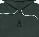 Green hoodie with a small campfire design in the chest area