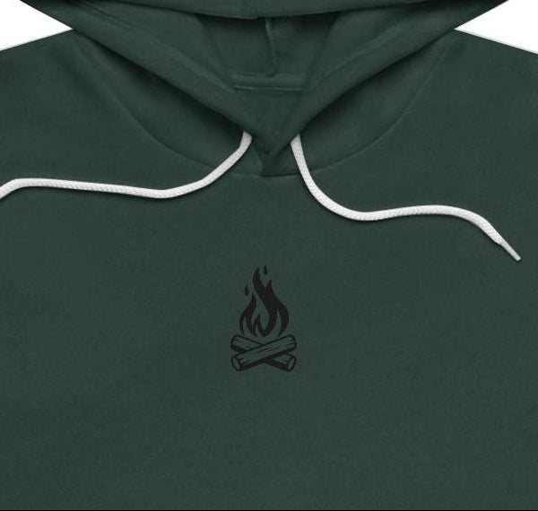 Green hoodie with a small campfire design in the chest area