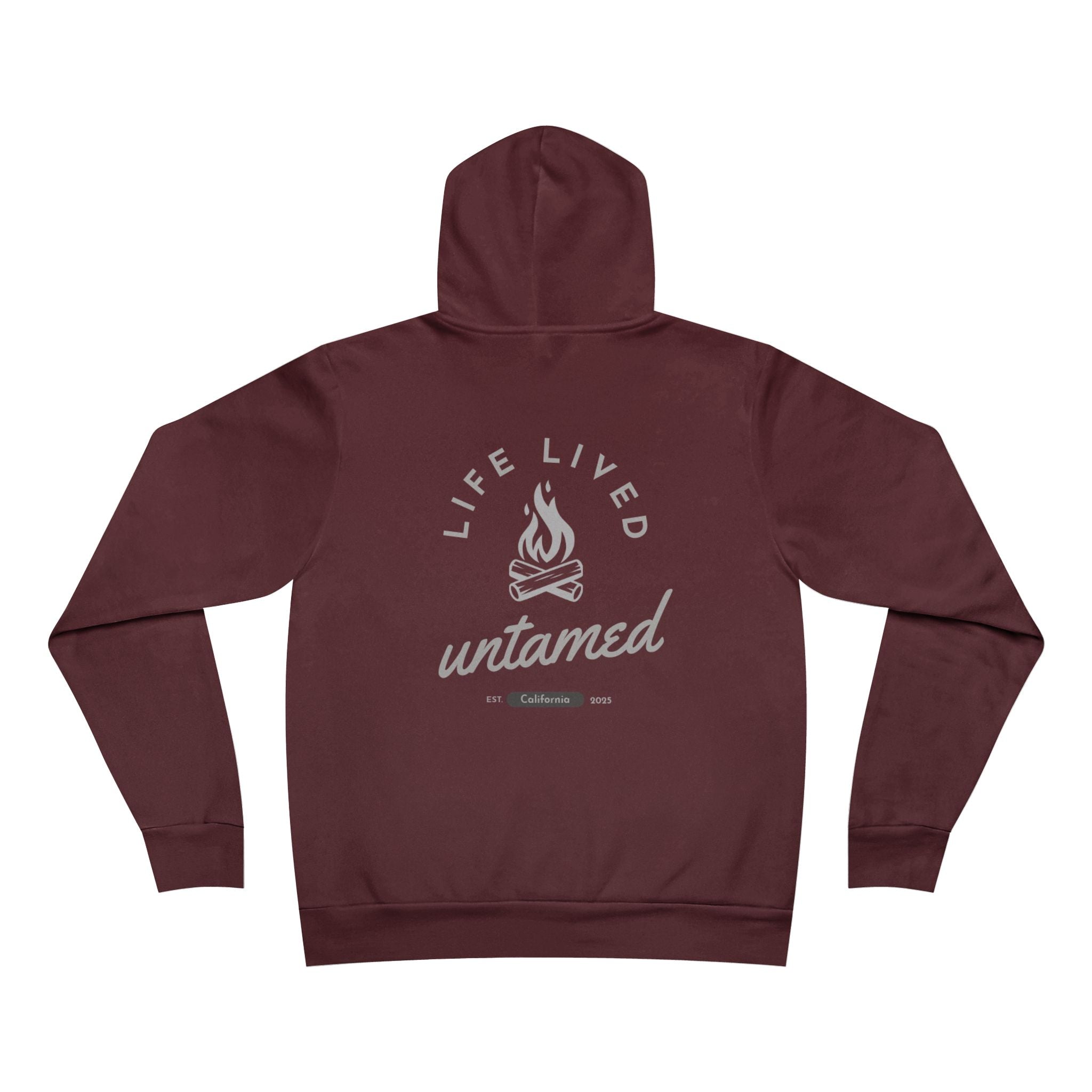 Maroon hoodie with 'Life Lived wtamed' graphic on the back against a white background