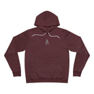 Maroon hoodie with a small campfire design on a white background