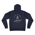 Navy blue hoodie with 'Life Lived Untamed' logo on the back
