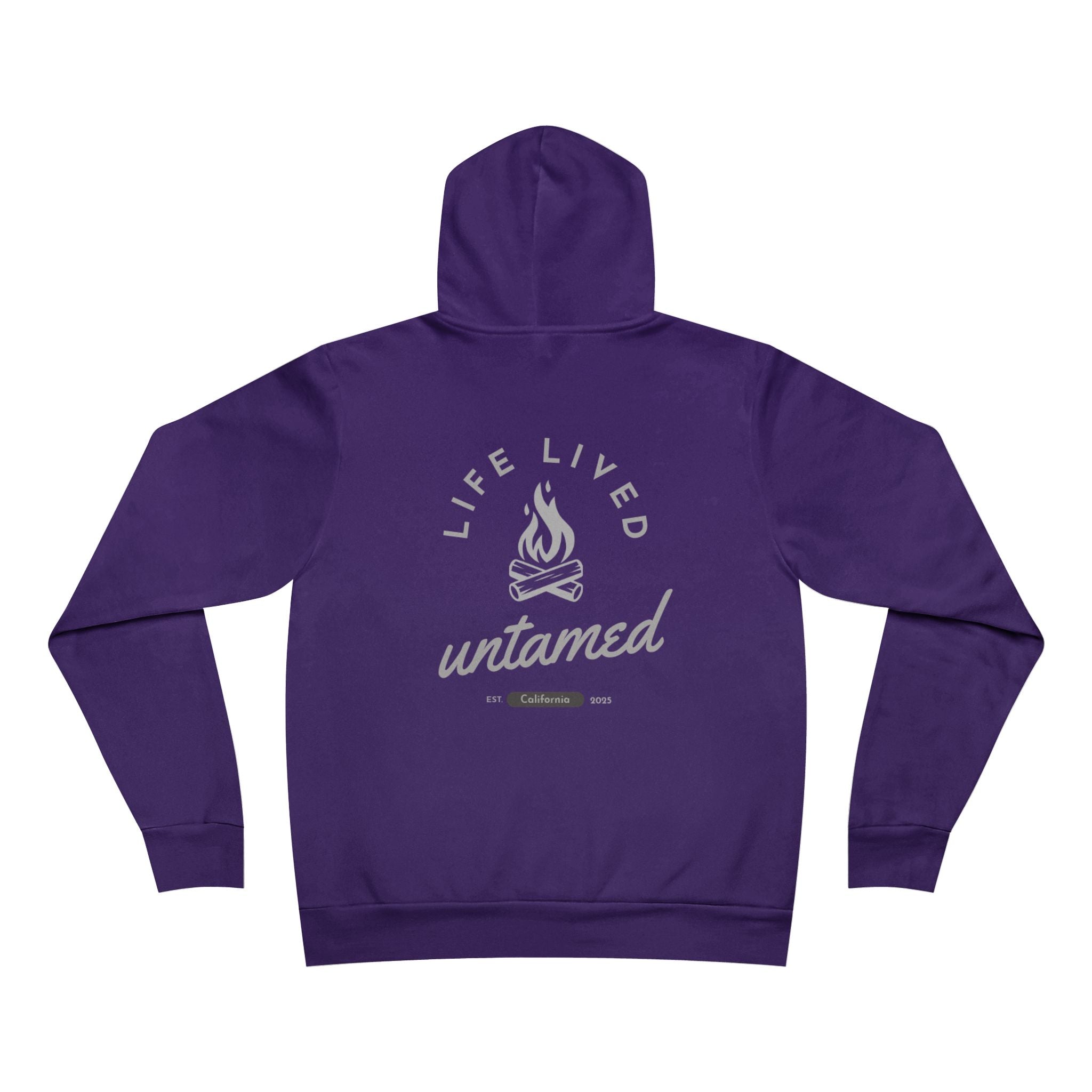 Team purple hoodie with 'Life Lived Unfamed' graphic on the back against a white background