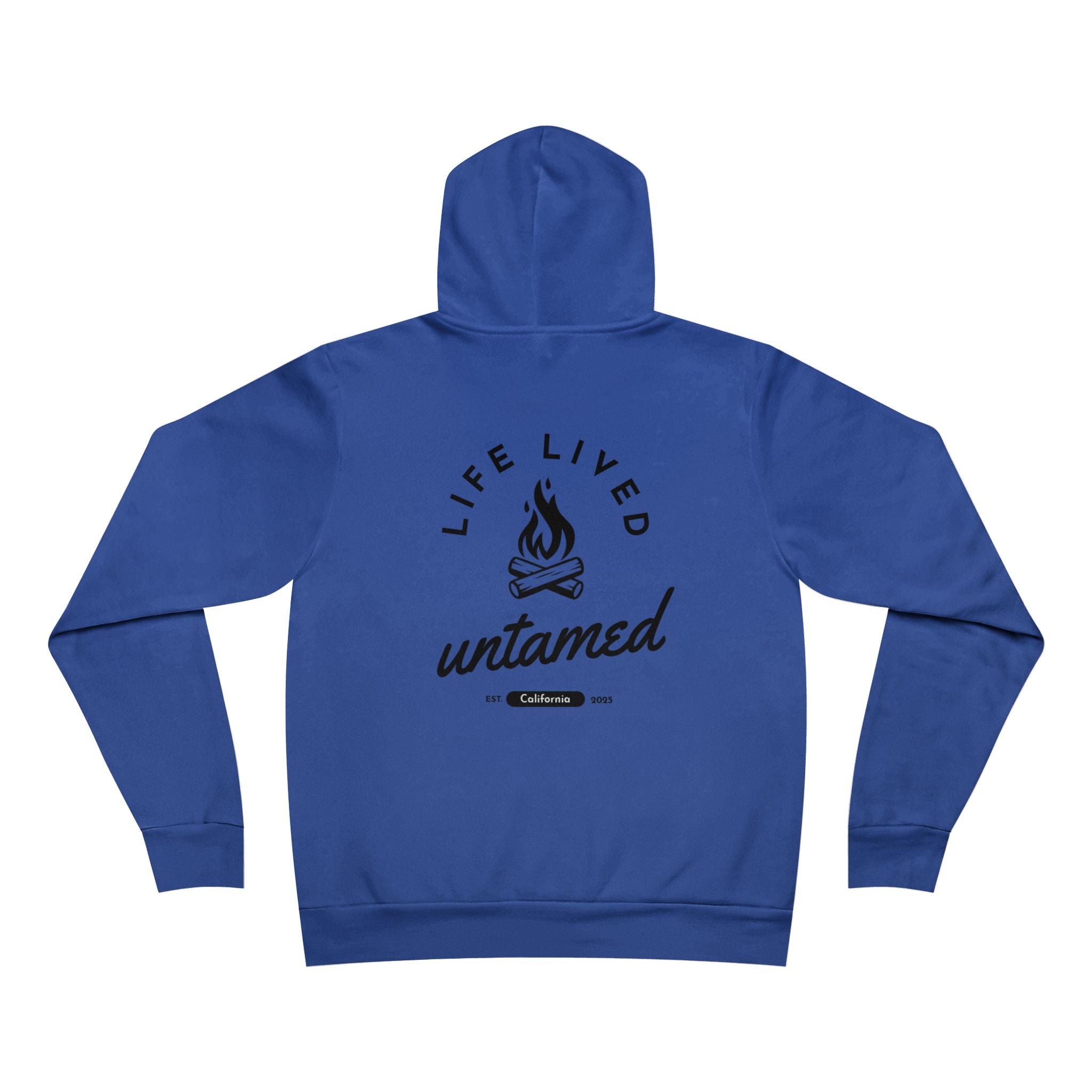 True royal hoodie with 'Life Lived Untamed' text on the back 
