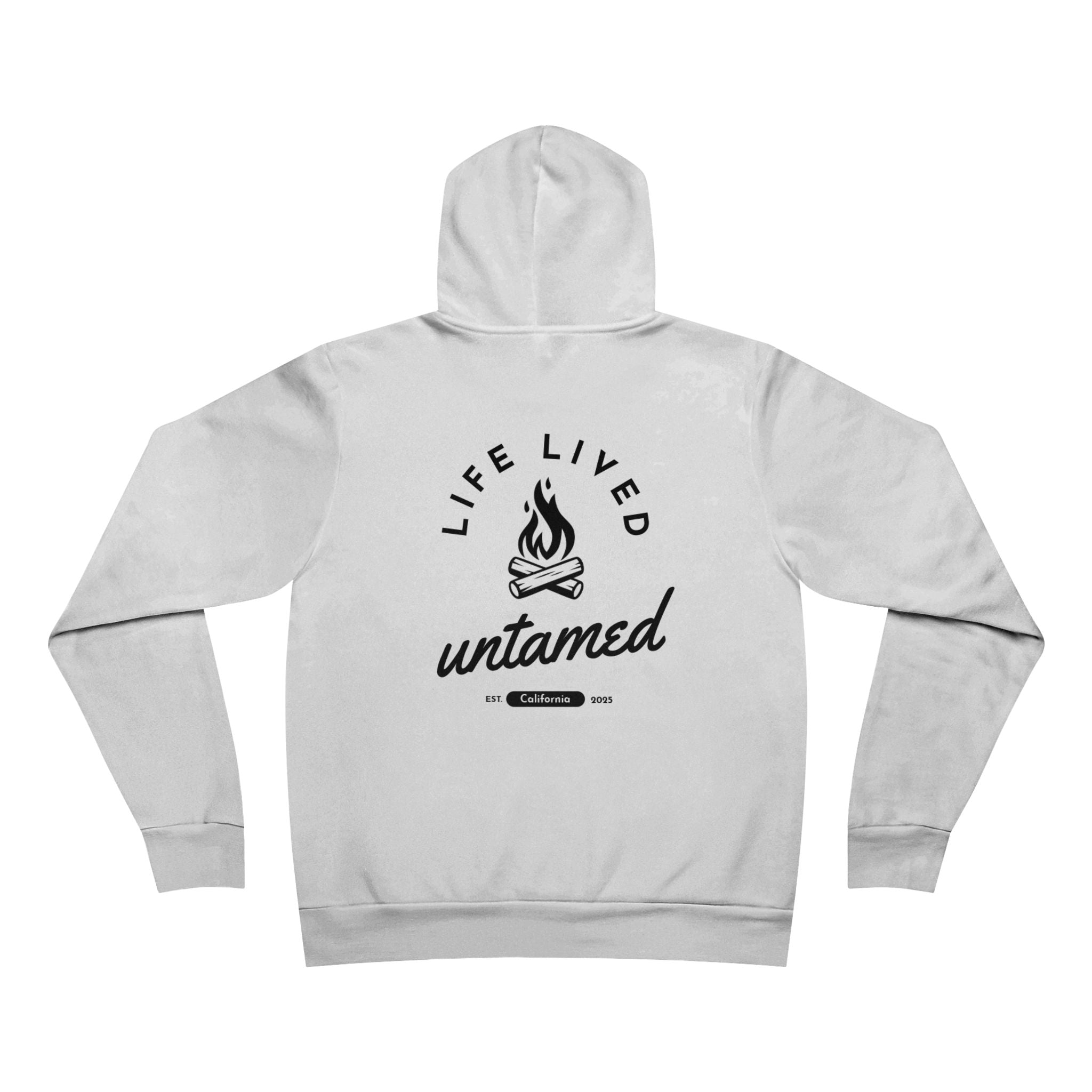 White hoodie with 'Life Lived Untamed' logo on the back