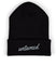 Black beanie with 'untamed' embroidery on a white background