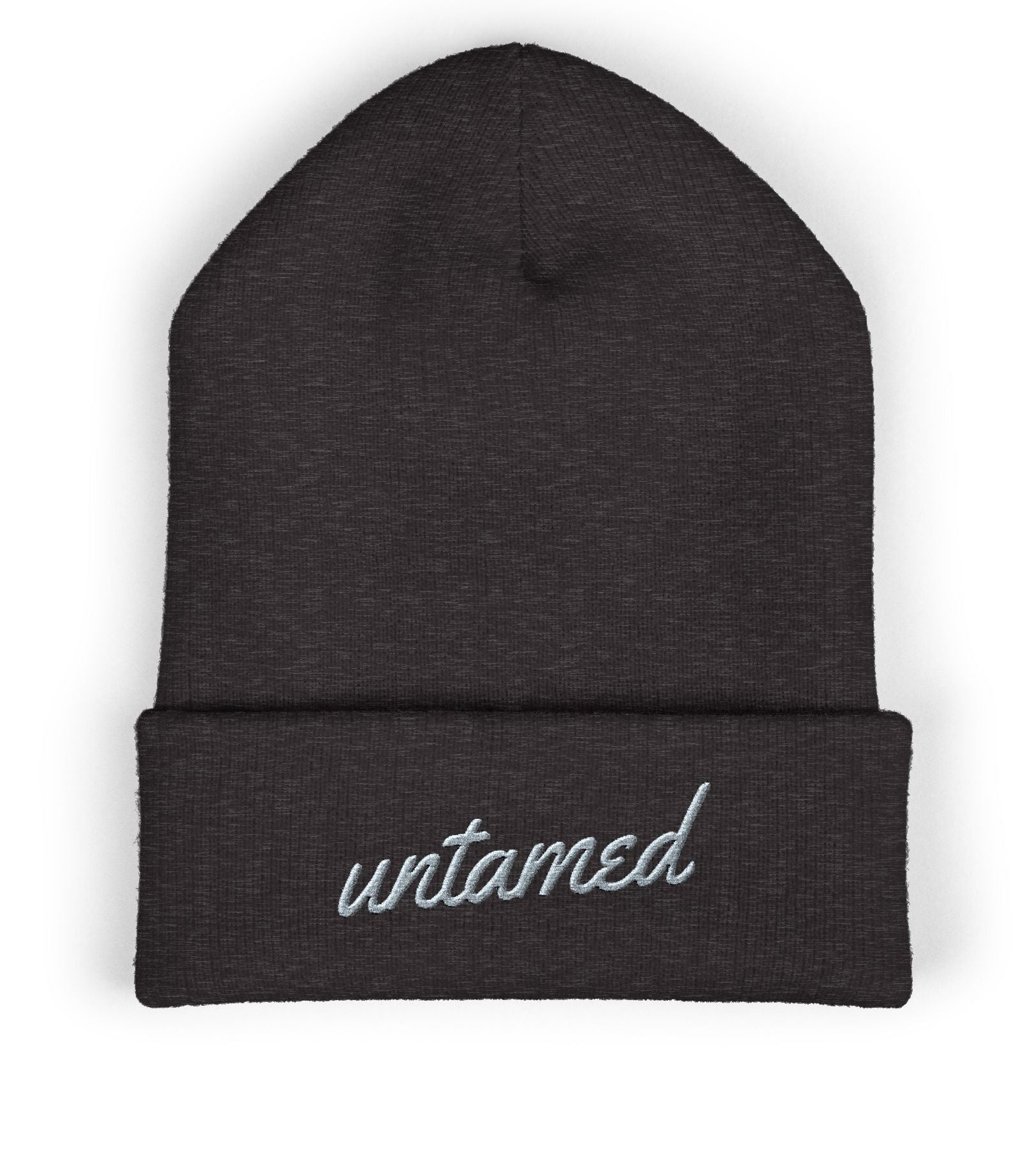Dark gray beanie with 'untamed' embroidered on a white background