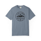 Blue Jean color t-shirt with 'Life Lived Untamed' graphic on a white background