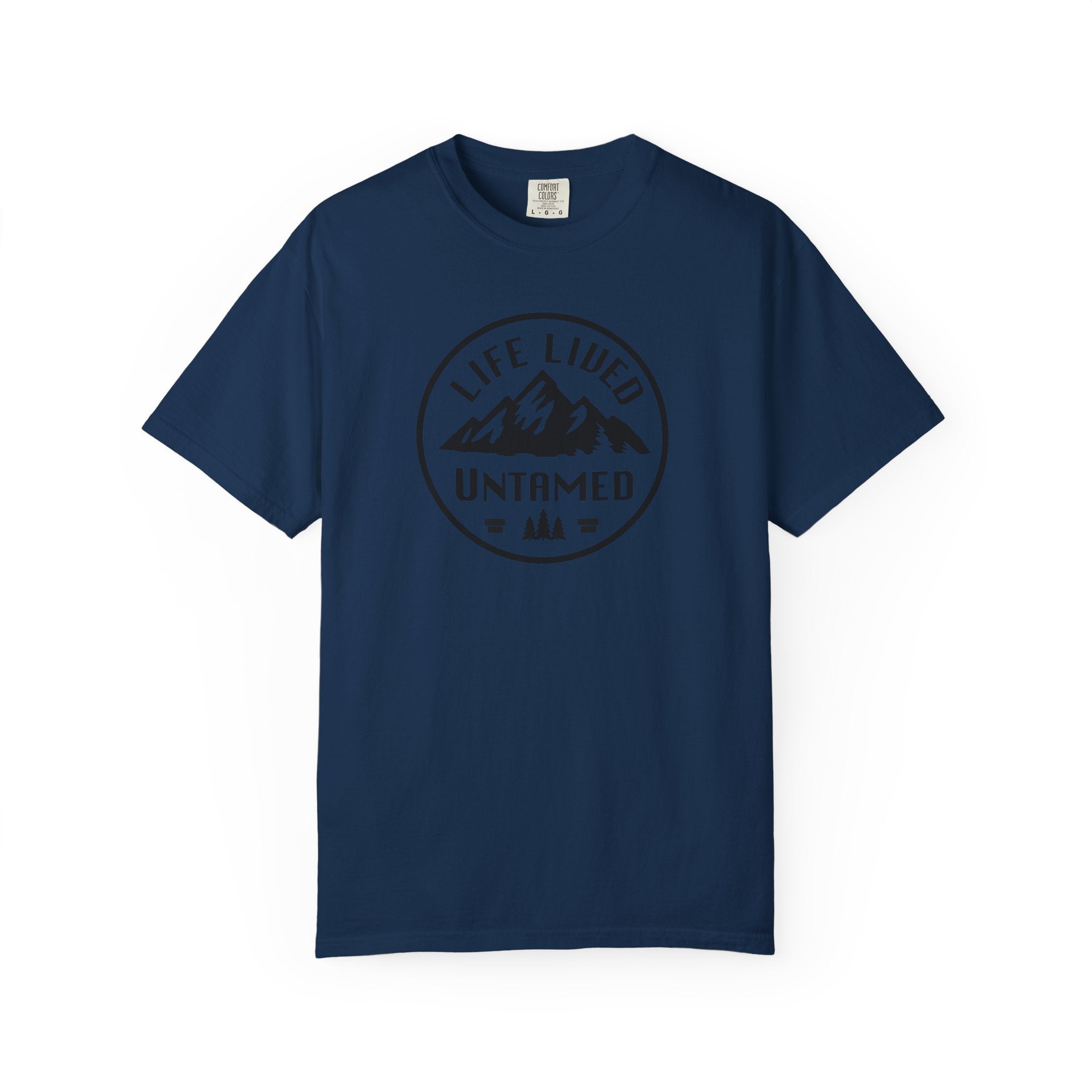 Navy blue t-shirt with 'Life Lived Untamed' graphic on a white background