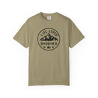 Khaki t-shirt with 'Life Lived Untamed' graphic on a white background