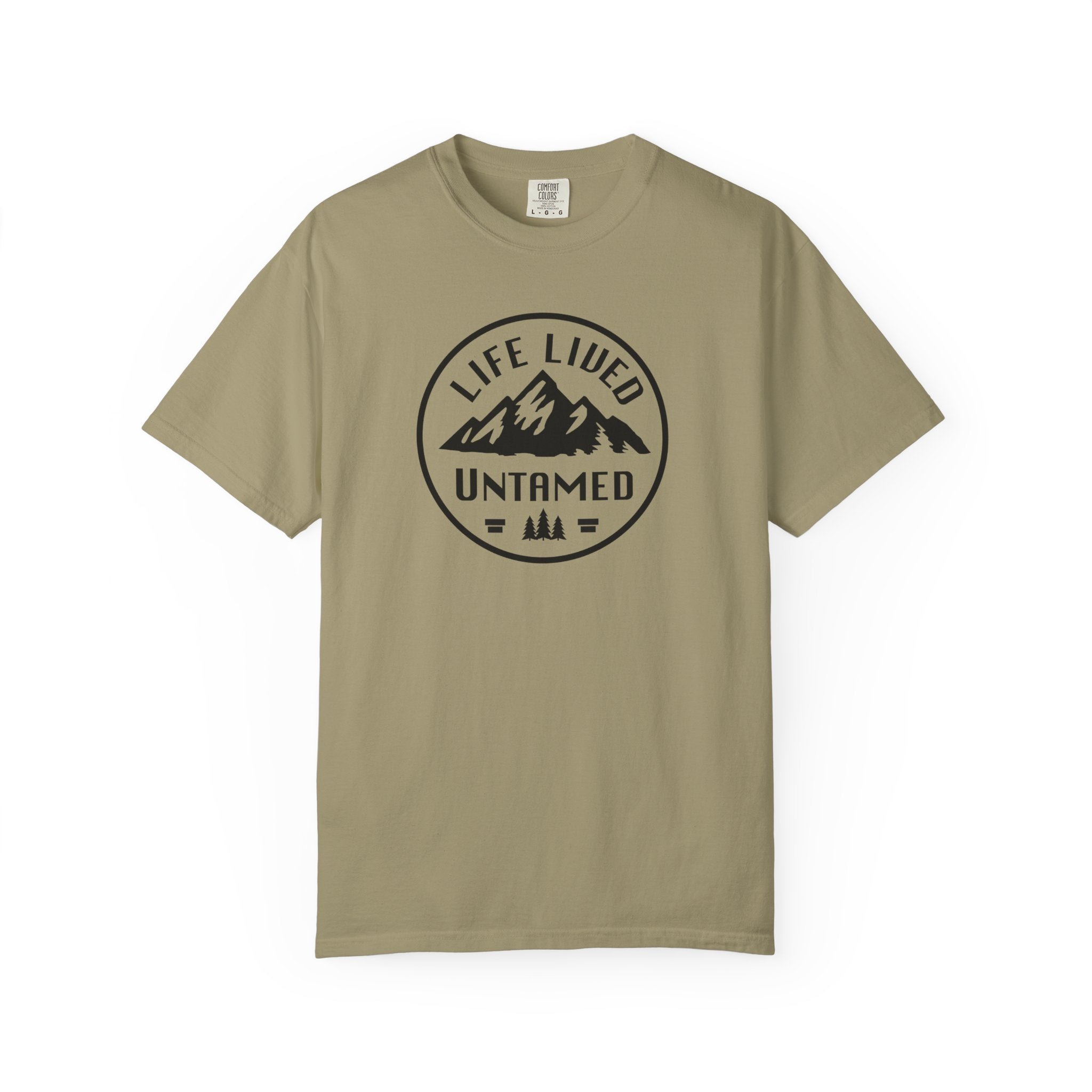 Khaki t-shirt with 'Life Lived Untamed' graphic on a white background