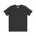 Women's black heather t-shirt with small black Sasquatch graphic on lower front and a sleeve on a white background