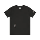 Women's dark gray heather t-shirt with small black Sasquatch graphic on lower front and a sleeve on a white background
