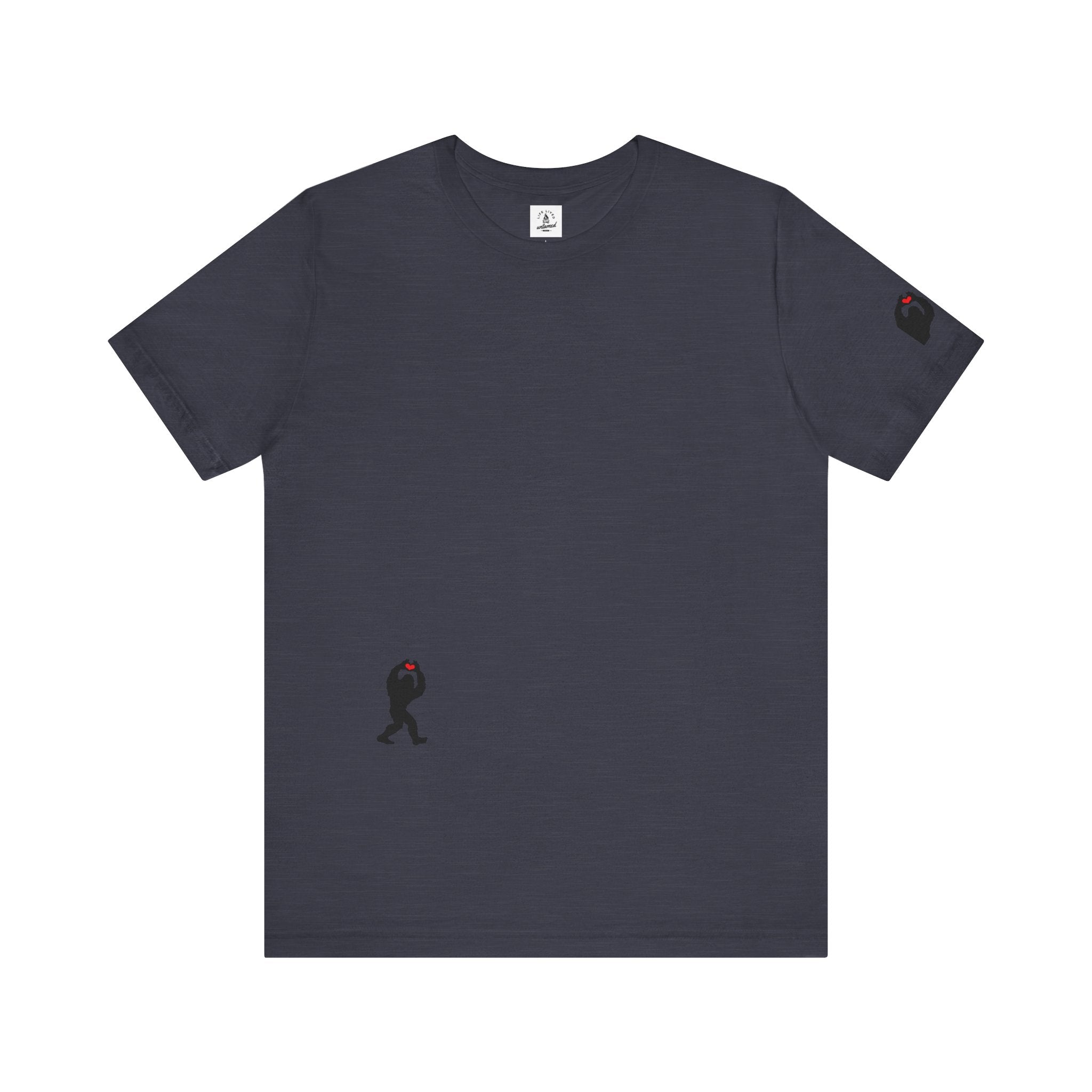 Heather Midnight Navy blue t-shirt with small black Sasquatch graphic on lower front and a sleeve on a white background