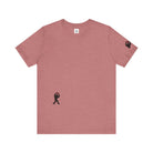 Women's heather mauve t-shirt with small black Sasquatch graphic on lower front and a sleeve on a white background