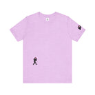 Women's lilac t-shirt with small black Sasquatch graphic on lower front and a sleeve on a white background
