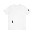 Women's white t-shirt with small black Sasquatch graphic on lower front and a sleeve on a white background