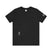 Women's black t-shirt with small gray Sasquatch graphic on lower front and a sleeve on a white background
