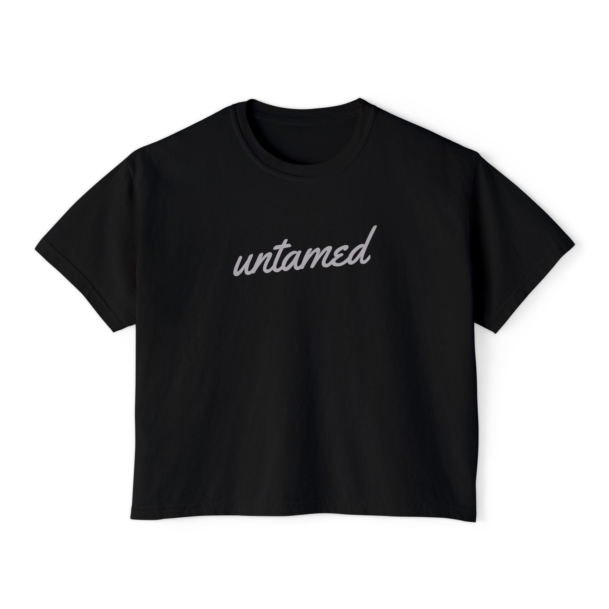 Women's 'Untamed' gray script graphic on solid black short-sleeve crewneck crop tee shirt