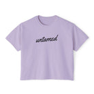 Women's 'Untamed' black script graphic on solid orchid purple short-sleeve crewneck crop tee shirt