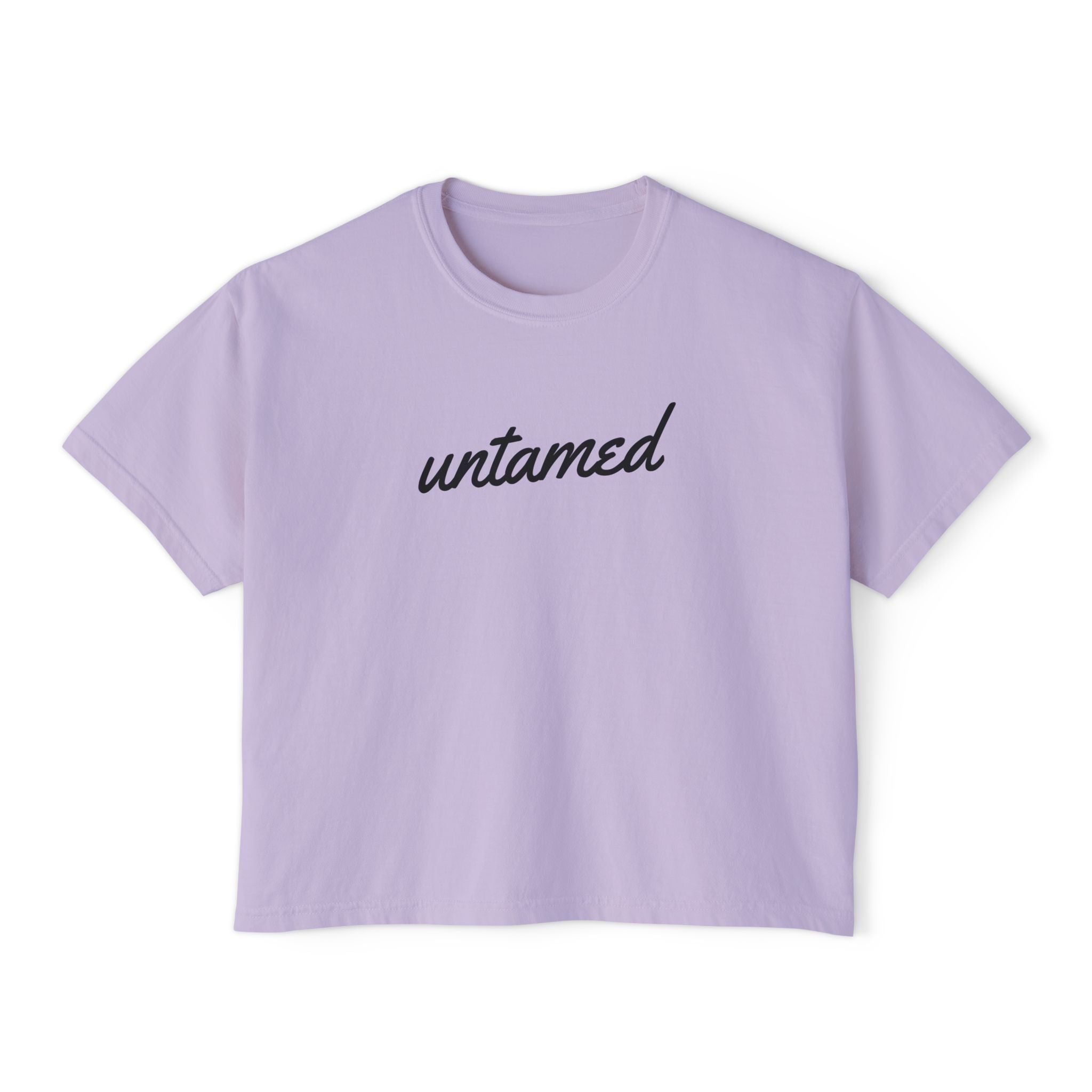 Women's 'Untamed' black script graphic on solid orchid purple short-sleeve crewneck crop tee shirt