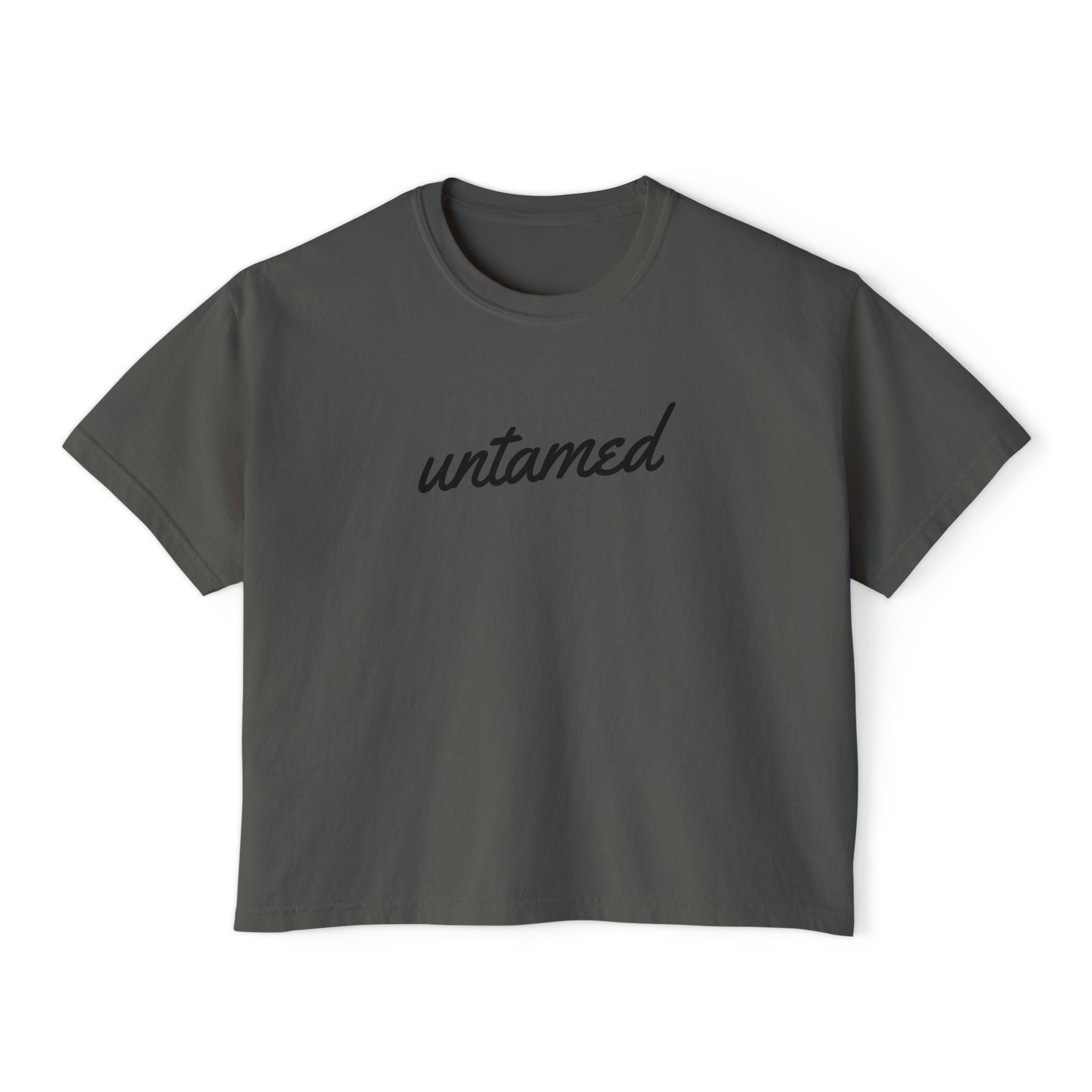 Women's 'Untamed' black script graphic on solid pepper short-sleeve crewneck crop tee shirt