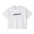 Women's 'Untamed' black script graphic on solid white short-sleeve crewneck crop tee shirt