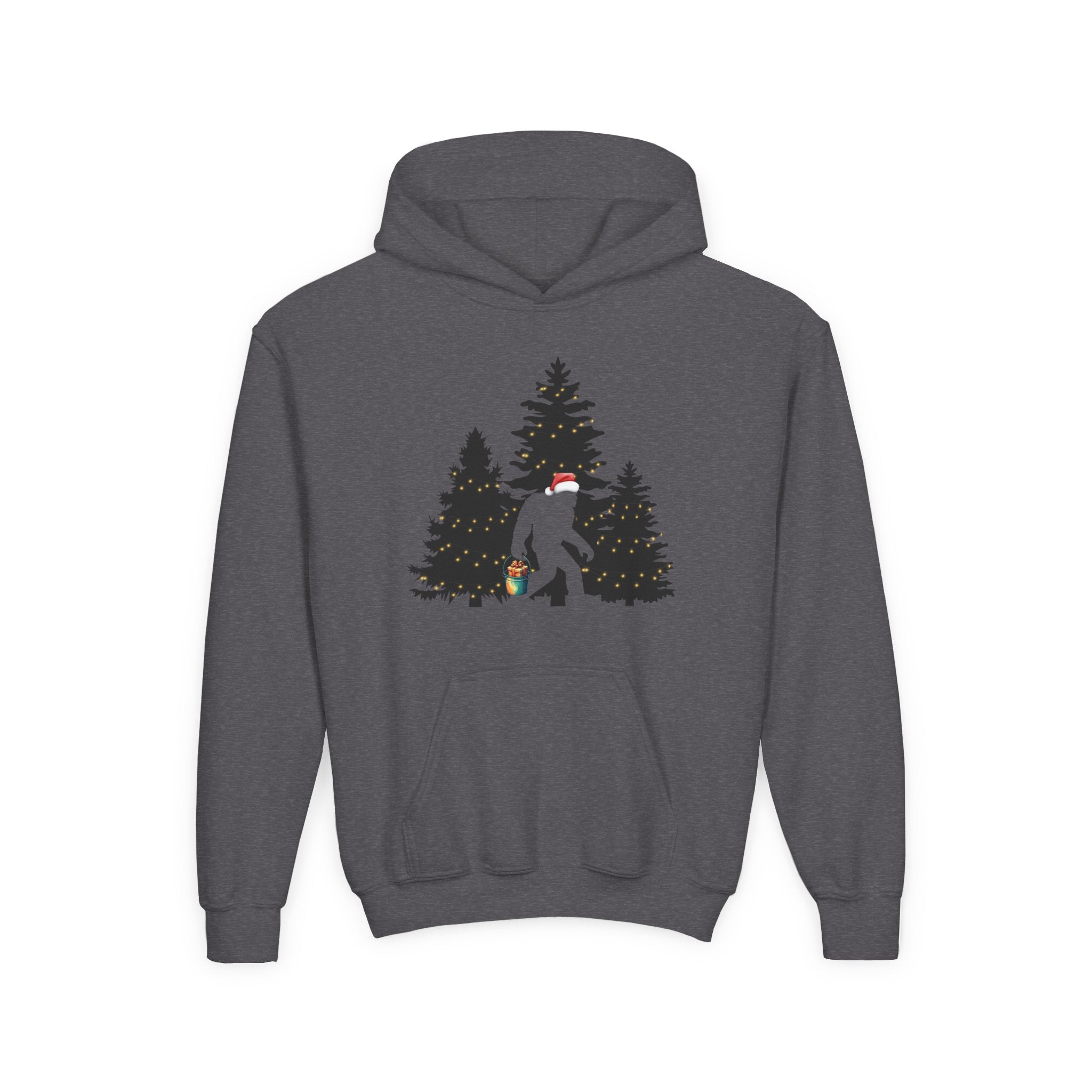 A gray hoodie with a graphic of the Sasquatch in a snowy landscape with trees on a white background.