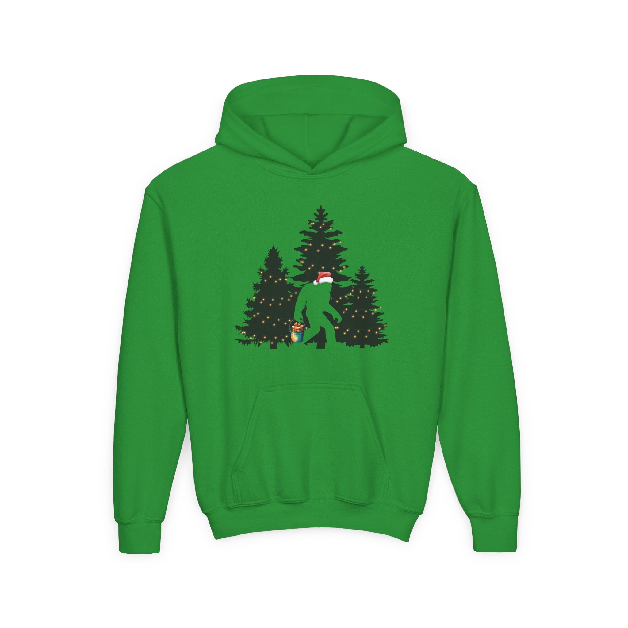 Green hoodie with a big foot wearing a Christmas hat and carrying a bucket of present in the woods on a white background.