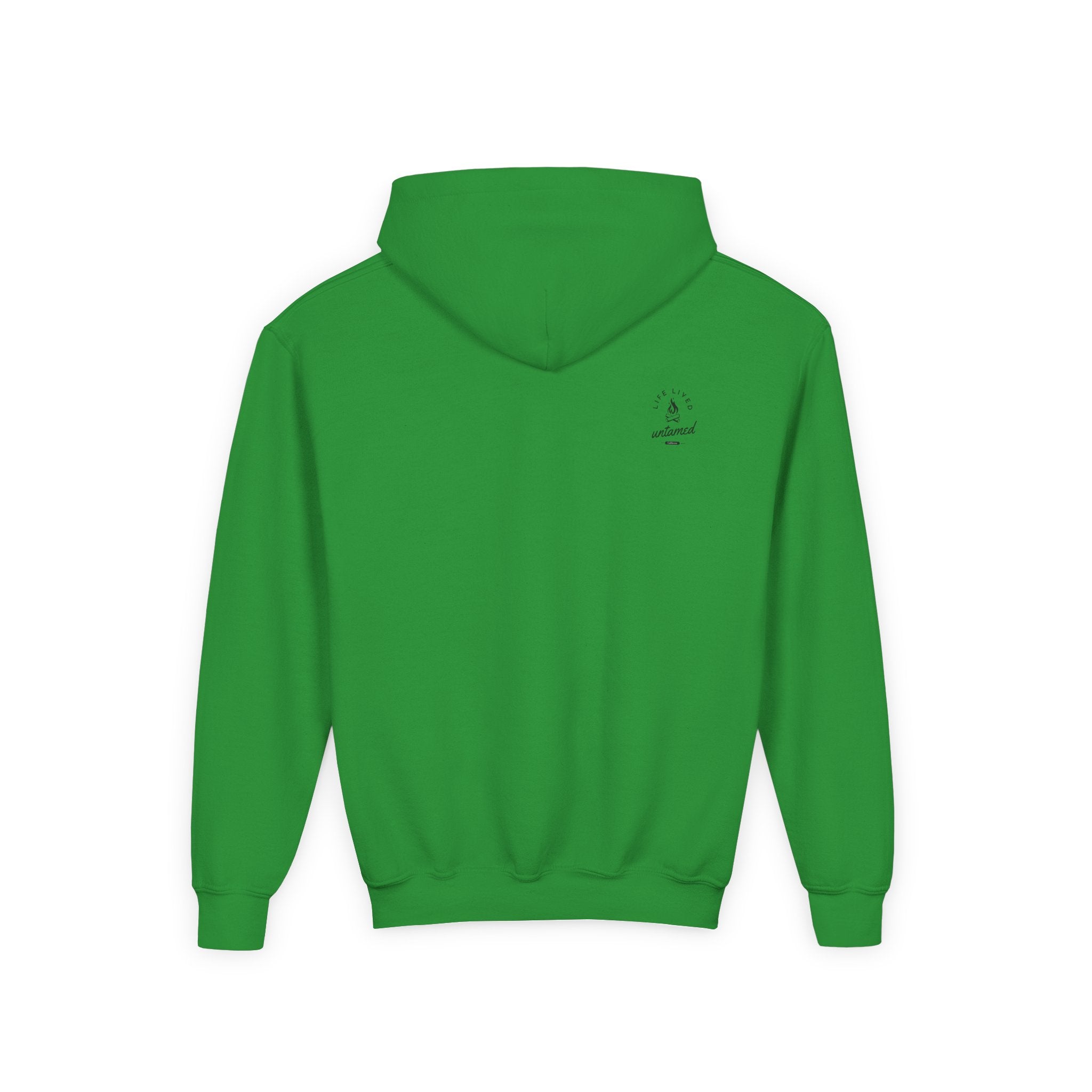 A green hoodie with a small logo 'Life Lived Untamed' on the back against a white background.