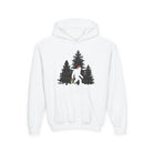 A white hoodie with a graphic of the Sasquatch in a snowy landscape with trees on a white background.