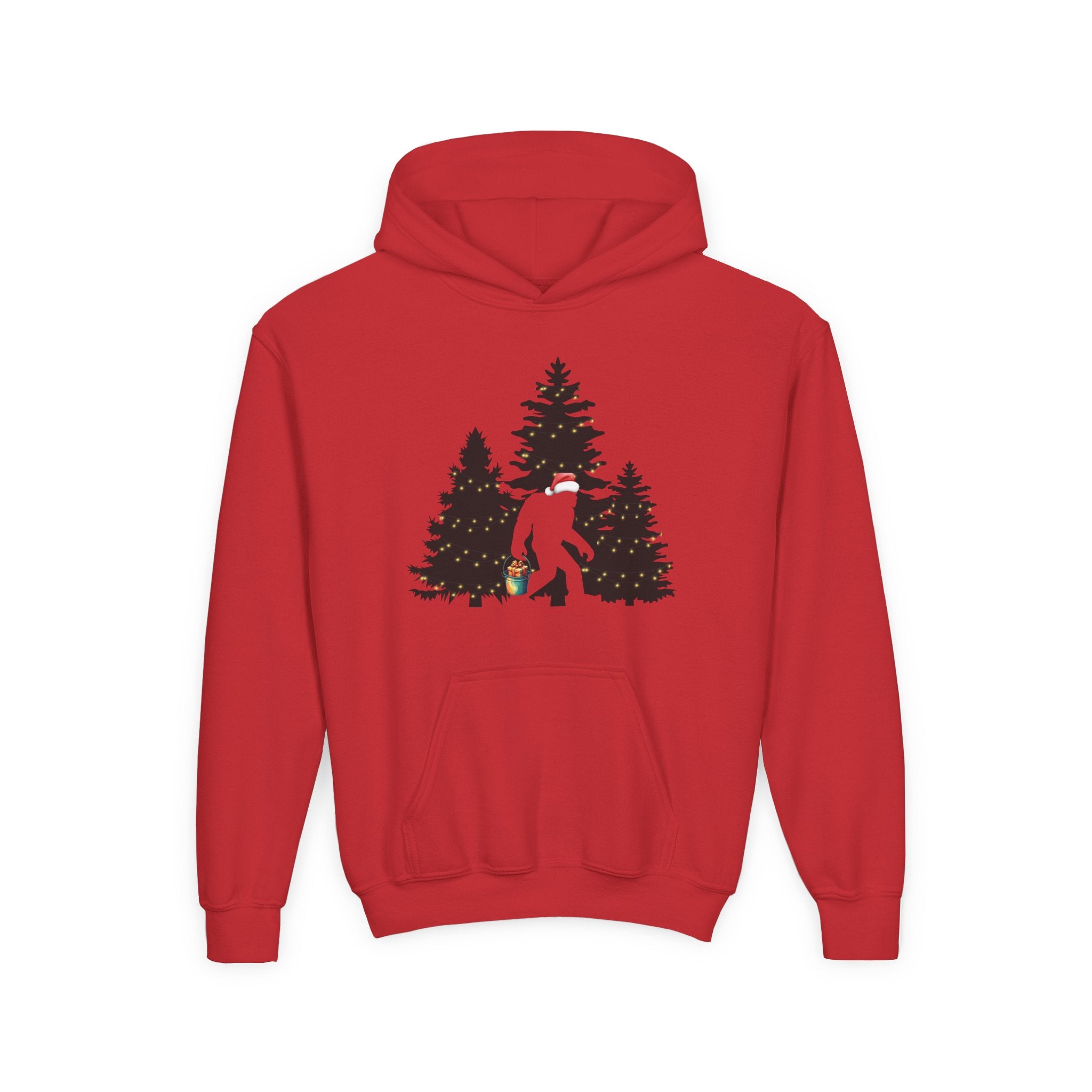 A red hoodie with a graphic of the Sasquatch in a snowy landscape with trees on a white background.