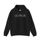 A  black hoodie with white mountain, desert and wave design on a white background.