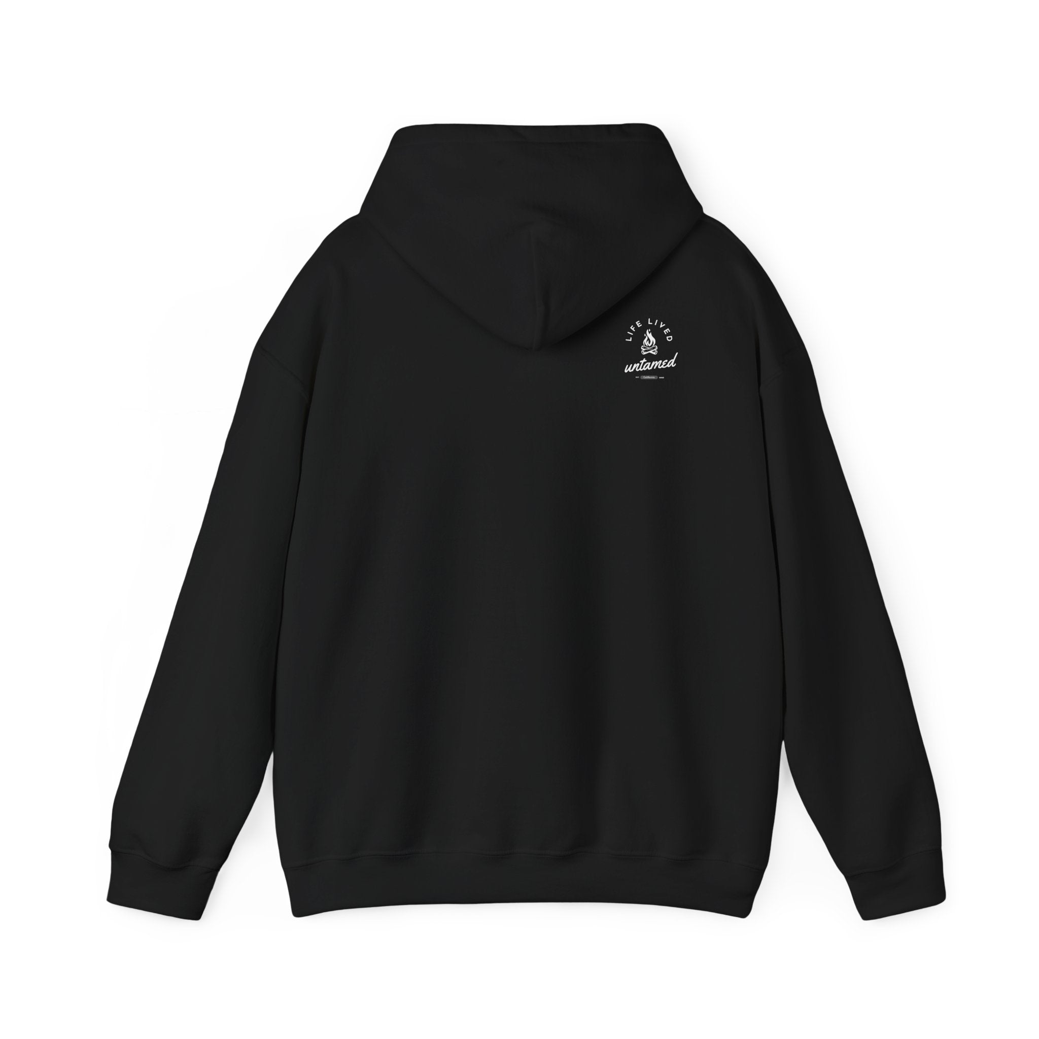 A black hoodie with a white ‘Lived Untamed' logo on the back with the hood down against a white background.