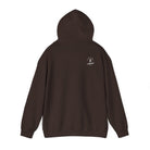 A dark chocolate hoodie with a small 'Life Lived Untamed' logo on the back against a white background.