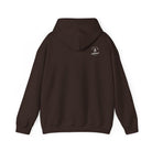 A Chocolate hoodie with a small 'Life Lived Untamed' logo on the back with the hood down against a white background.