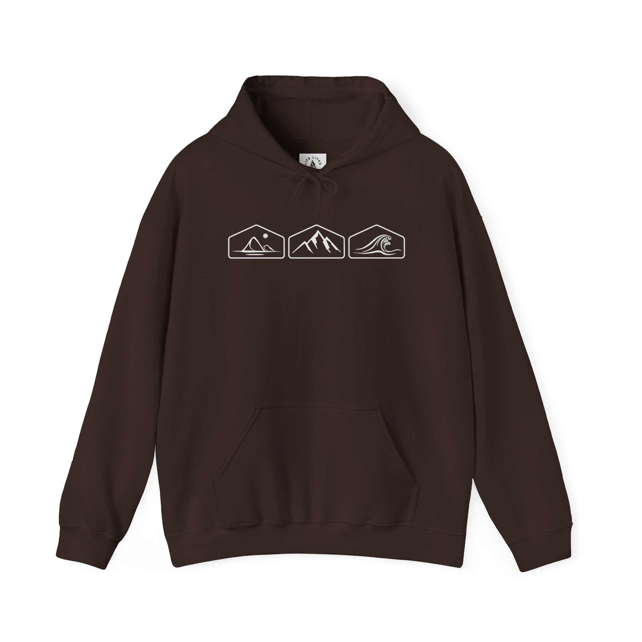 Dark Chocolate hoodie with mountain, desert and wave design on a white background